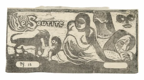 Three People, a Mask, a Fox, and a Bird, headpiece for Le sourire by Paul Gauguin, print, 1899