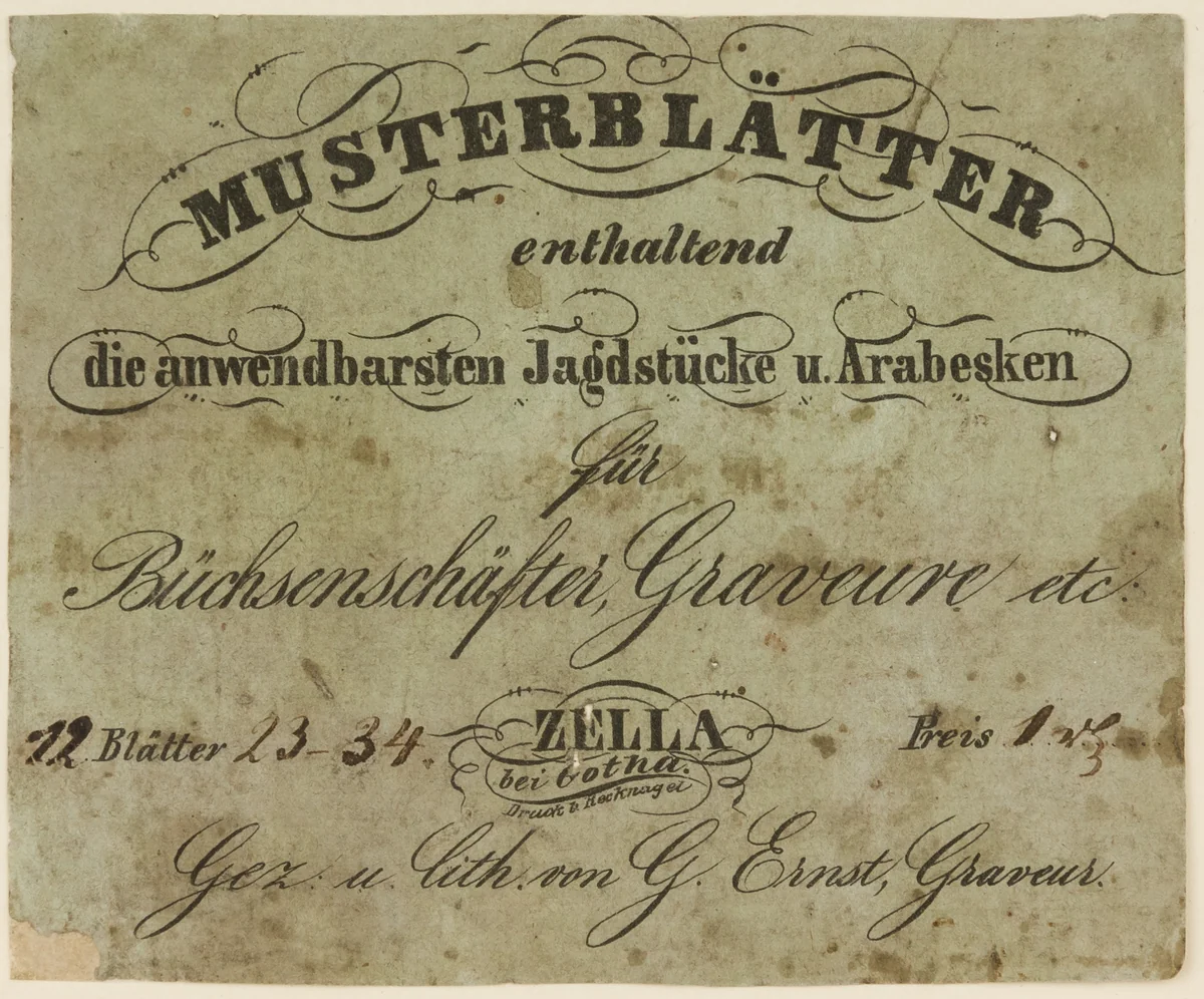 <i>Musterblätter enthaltend die anwendbarsten Jagdstücke u. Arabesken für Büchsenschäfter, Graveure etc.</i> (Zella bei Gotha, n.d. [1849/50]) (Patternbook of Engraved Designs for Firearms Ornament), from the workshop of Louis D. Nimschke (1832–1904) by Gustave Ernst, print, 1849-1850