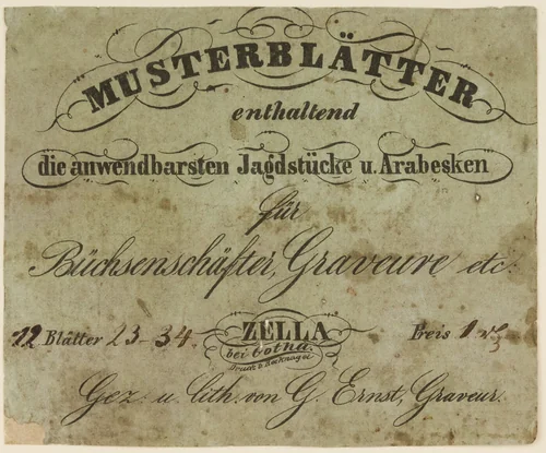 <i>Musterblätter enthaltend die anwendbarsten Jagdstücke u. Arabesken für Büchsenschäfter, Graveure etc.</i> (Zella bei Gotha, n.d. [1849/50]) (Patternbook of Engraved Designs for Firearms Ornament), from the workshop of Louis D. Nimschke (1832–1904) by Gustave Ernst, print, 1849-1850