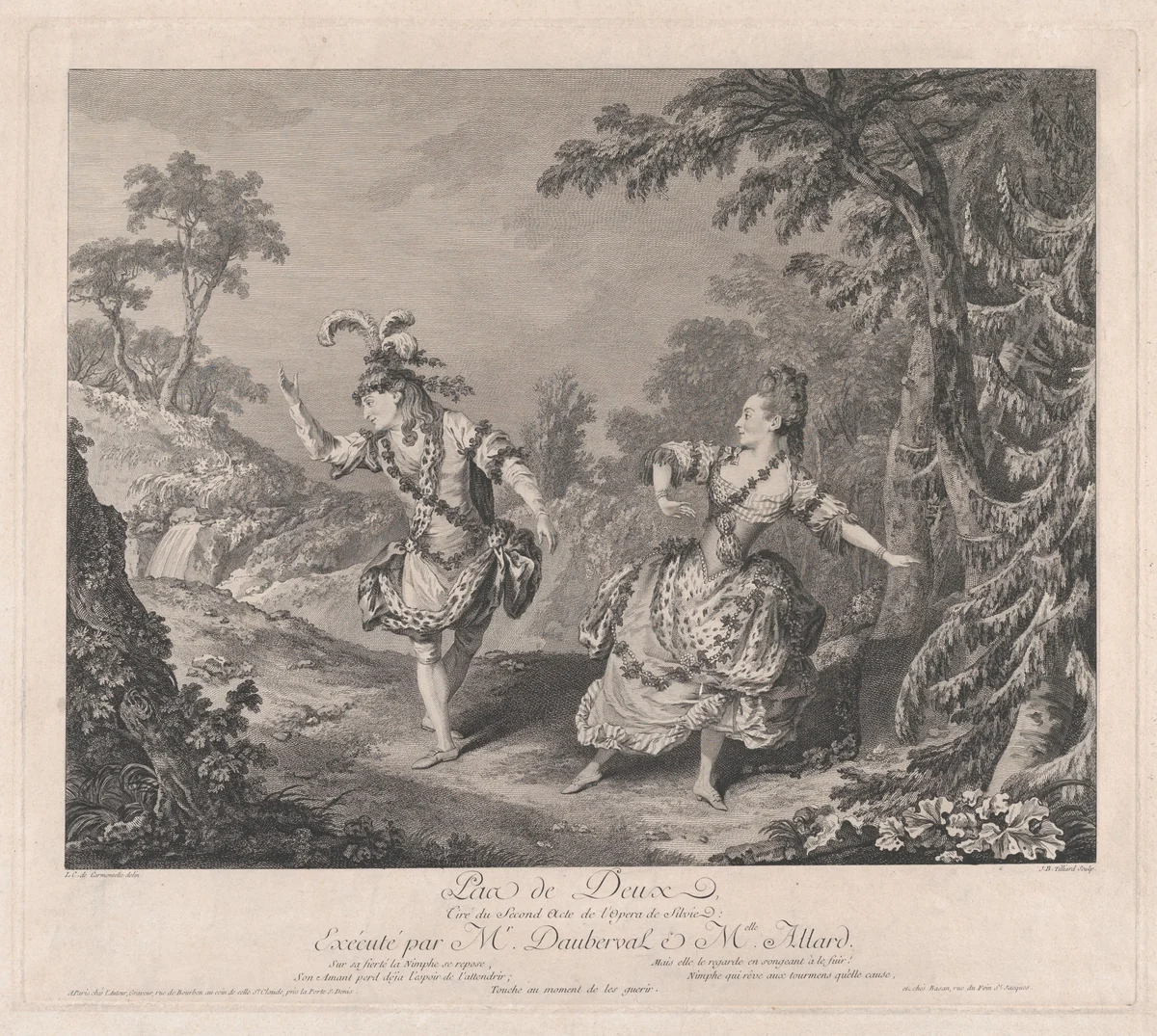 Pas de Deux, Tiré du Second Acte de l'Opera de Sylvie: Exécuté par Mr. Dauberval & Mlle. Allard by Jean-Baptiste Tilliard, print, 1762-1772