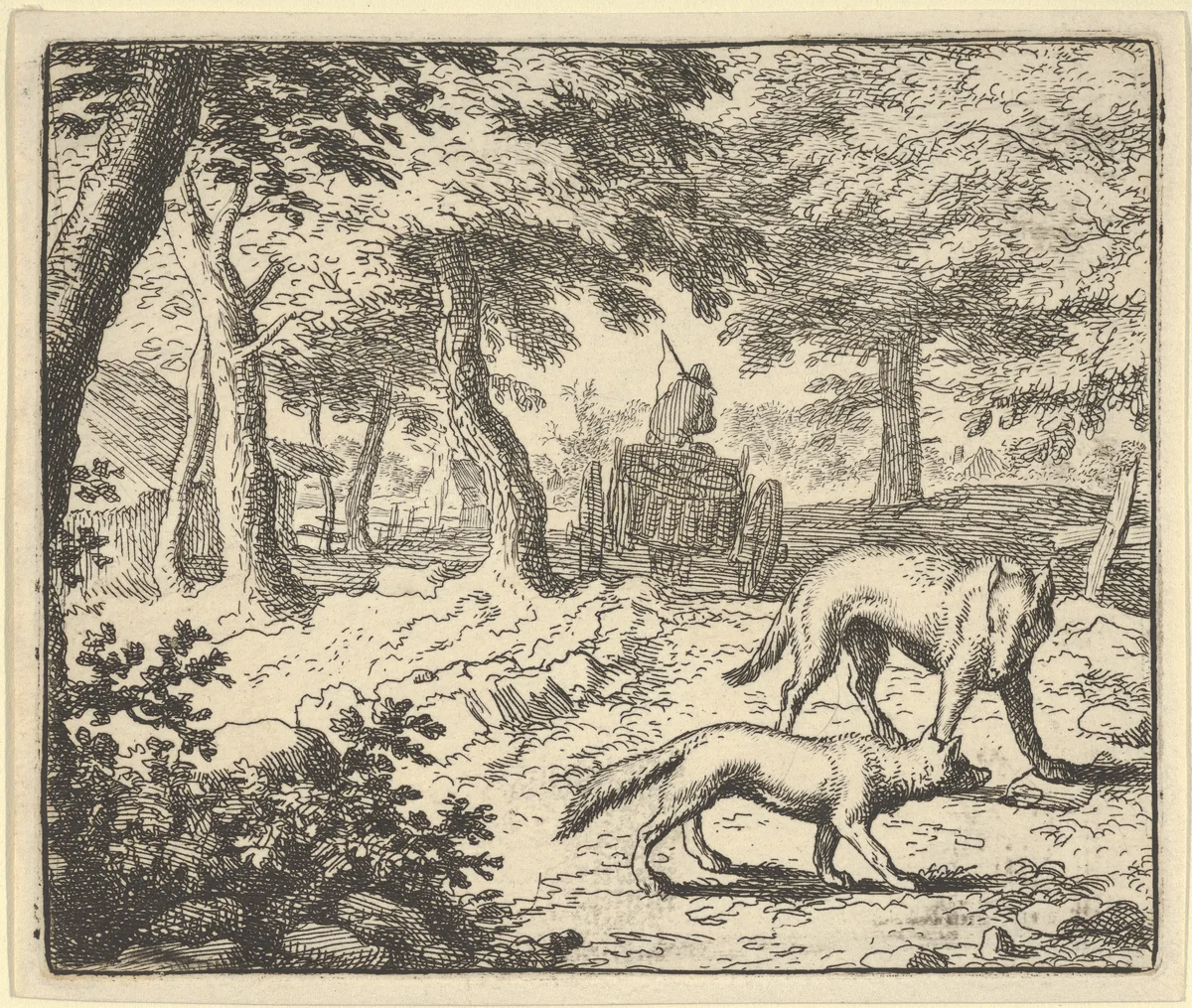 The Wolf Accuses Renard of Eating the Fish that He Stole from Hendrick van Alcmar's Renard The Fox by Allart van Everdingen, print, 1650-1675
