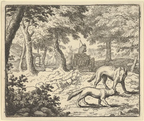 The Wolf Accuses Renard of Eating the Fish that He Stole from Hendrick van Alcmar's Renard The Fox by Allart van Everdingen, print, 1650-1675