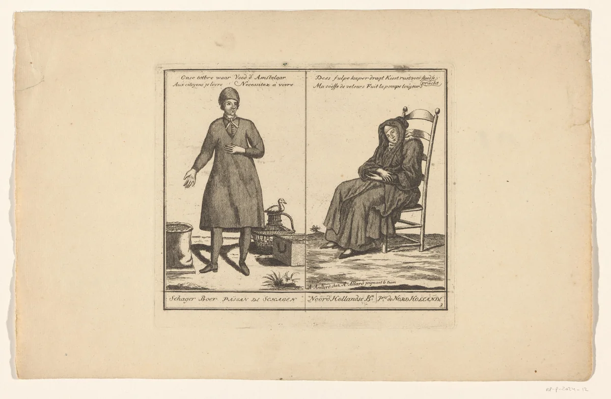 Schager Boer en Noord Hollandse boerin by Abraham Allard, print, 1676-1725