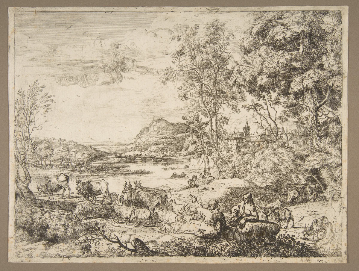 Shepherd and Shepherdess Conversing in a Landscape by Claude Lorrain, print, 1646-1656