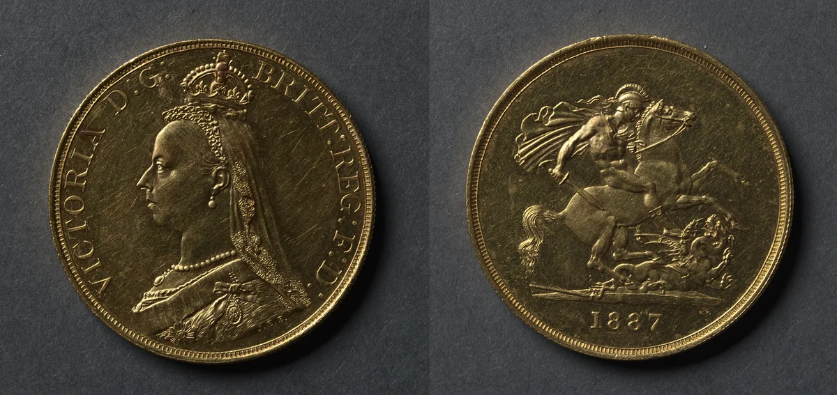 Five Pound Piece: Victoria (obverse); St. George and the Dragon (reverse) by Benedetto Pistrucci, metalwork, 1887