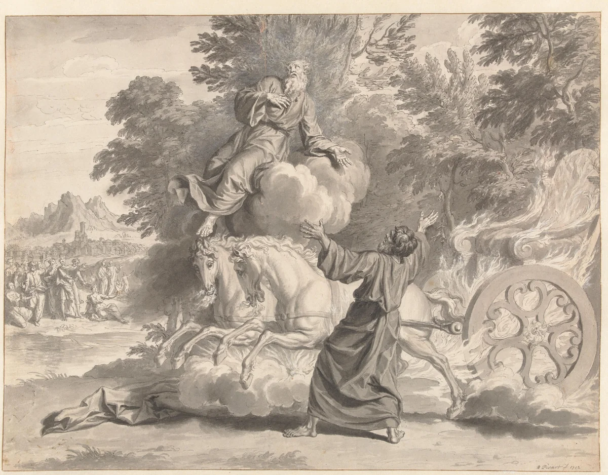 Elia vaart ten hemel op by Bernard Picart, drawing, 1683-1733