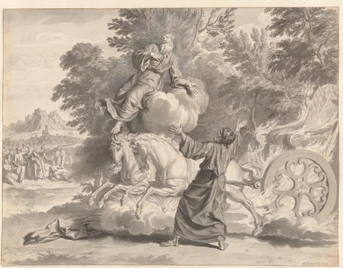 Elia vaart ten hemel op by Bernard Picart, drawing, 1683-1733
