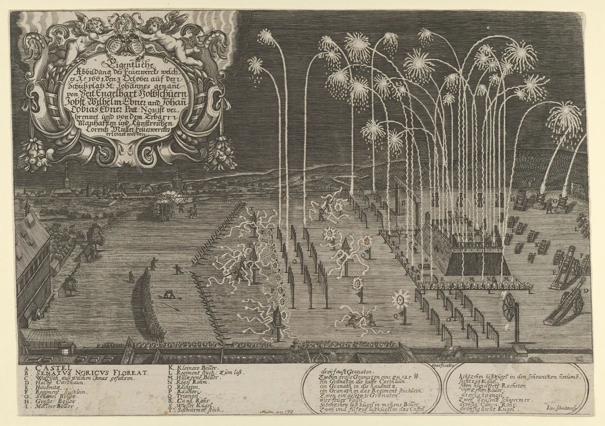 Fireworks display by Engelhart Holtzschuer, Jobst Wilhelm Ebner and Johann Tobias Ebner as proof of mastership, Nuremberg, 1661 by Lukas Schnitzer, print, 1661