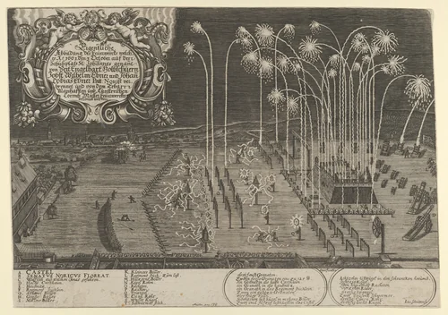 Fireworks display by Engelhart Holtzschuer, Jobst Wilhelm Ebner and Johann Tobias Ebner as proof of mastership, Nuremberg, 1661 by Lukas Schnitzer, print, 1661