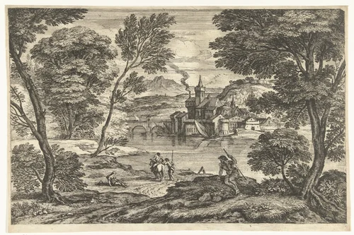 Landschap met man te paard by Adriaen van der Kabel, print, 1648-1705