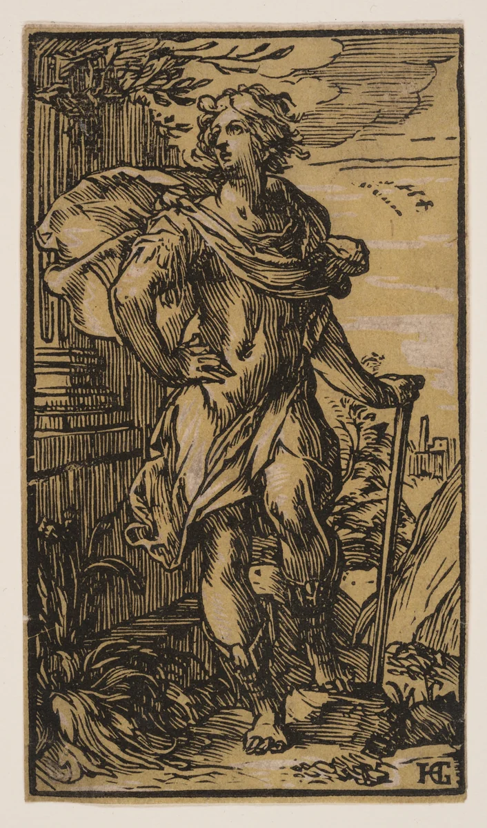 Standing Young Man with a Cane by Hendrick Goltzius, print, 1596-1600