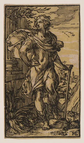 Standing Young Man with a Cane by Hendrick Goltzius, print, 1596-1600