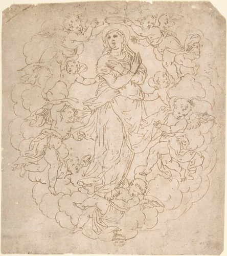 Assumption of the Virgin (recto); Figure Sketches (verso) by anonymous, drawing, 1500-1600