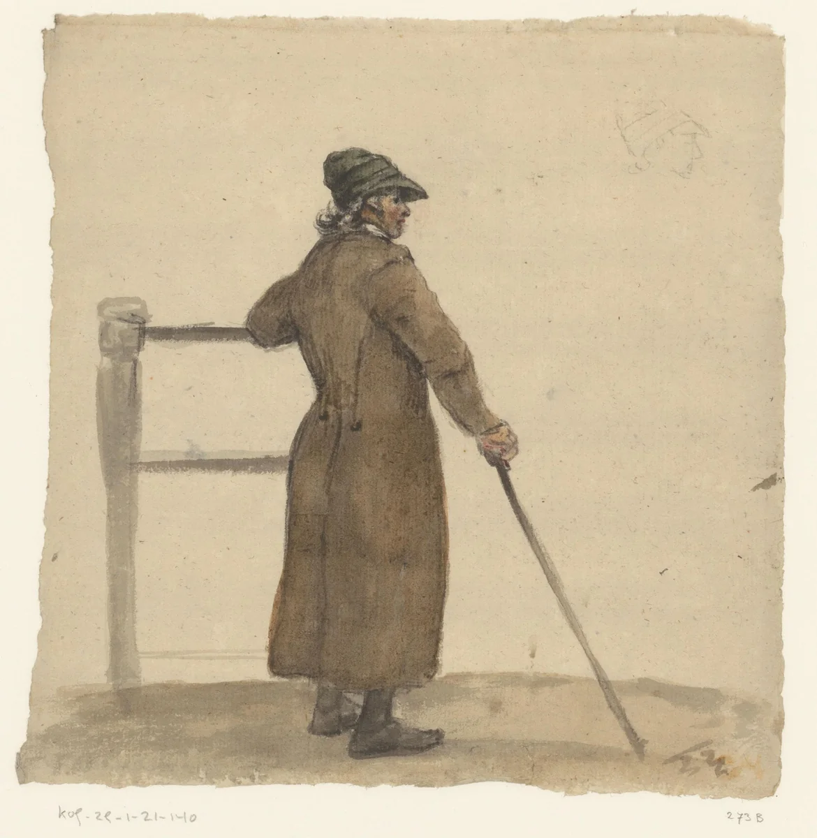 Man met zijn hand op een reling met wandelstok by anonymous, drawing, 1800-1849