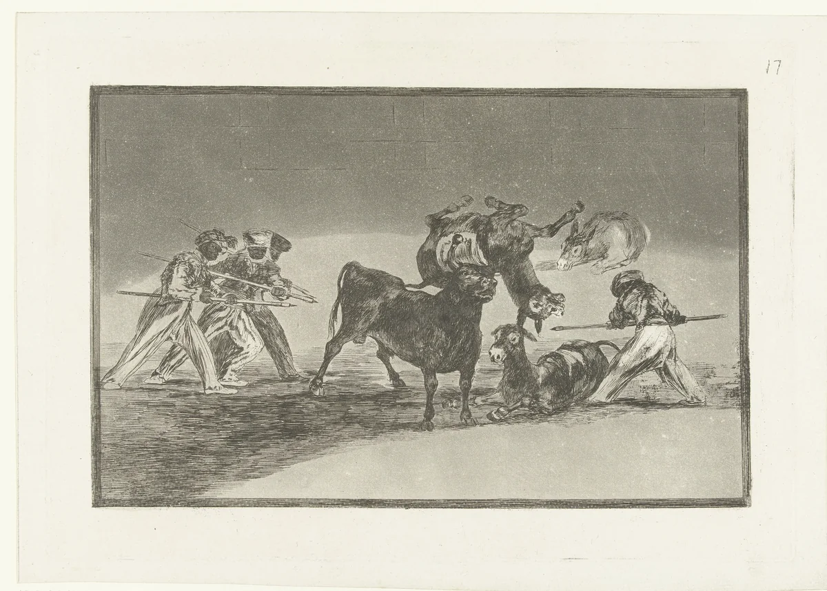 Moren en ezels in gevecht met een stier by Francisco de Goya, print, 1811-1816