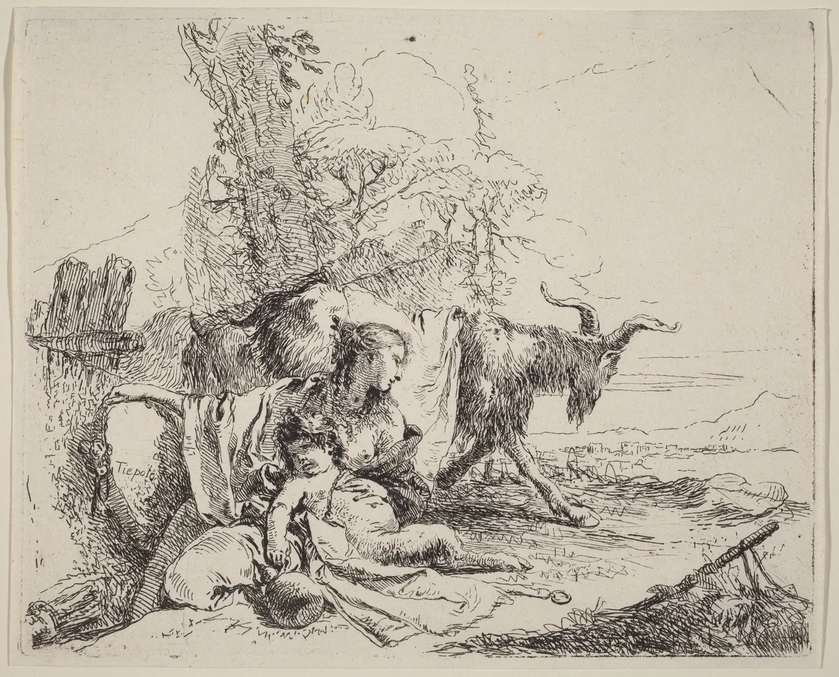 Woman, Satyr Child, and Goat in a Landscape by Giovanni Battista Tiepolo, print, 1785