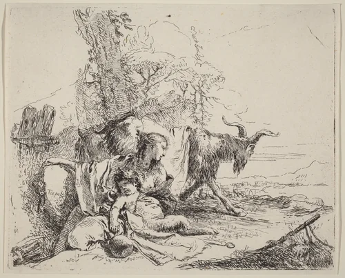 Woman, Satyr Child, and Goat in a Landscape by Giovanni Battista Tiepolo, print, 1785