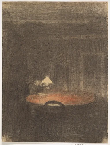 Figure Reading at a Table in an Interior at Night by Vilhelm Hammershøi, drawing, 1891