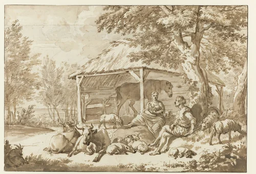 A Shepherd Couple with Cattle near a Shed by Adriaen van de Velde, drawing, 1646-1672