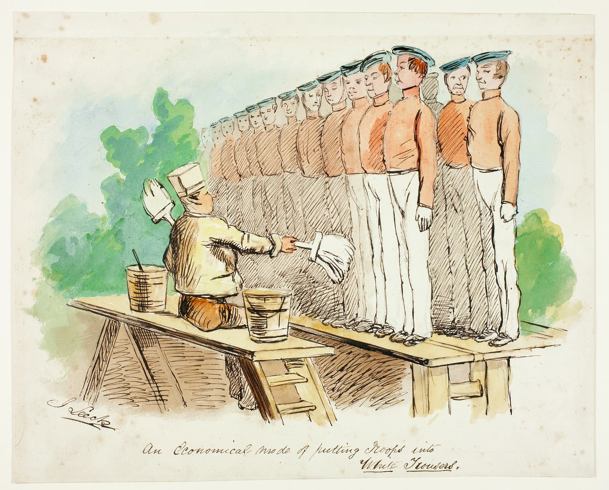 An Economical Mode of Putting Troops into White Trousers by John Leech, painting, 1840-1850