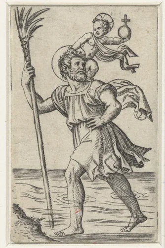 Heilige Christoffel met Christuskind by Marcantonio Raimondi, print, 1500-1527