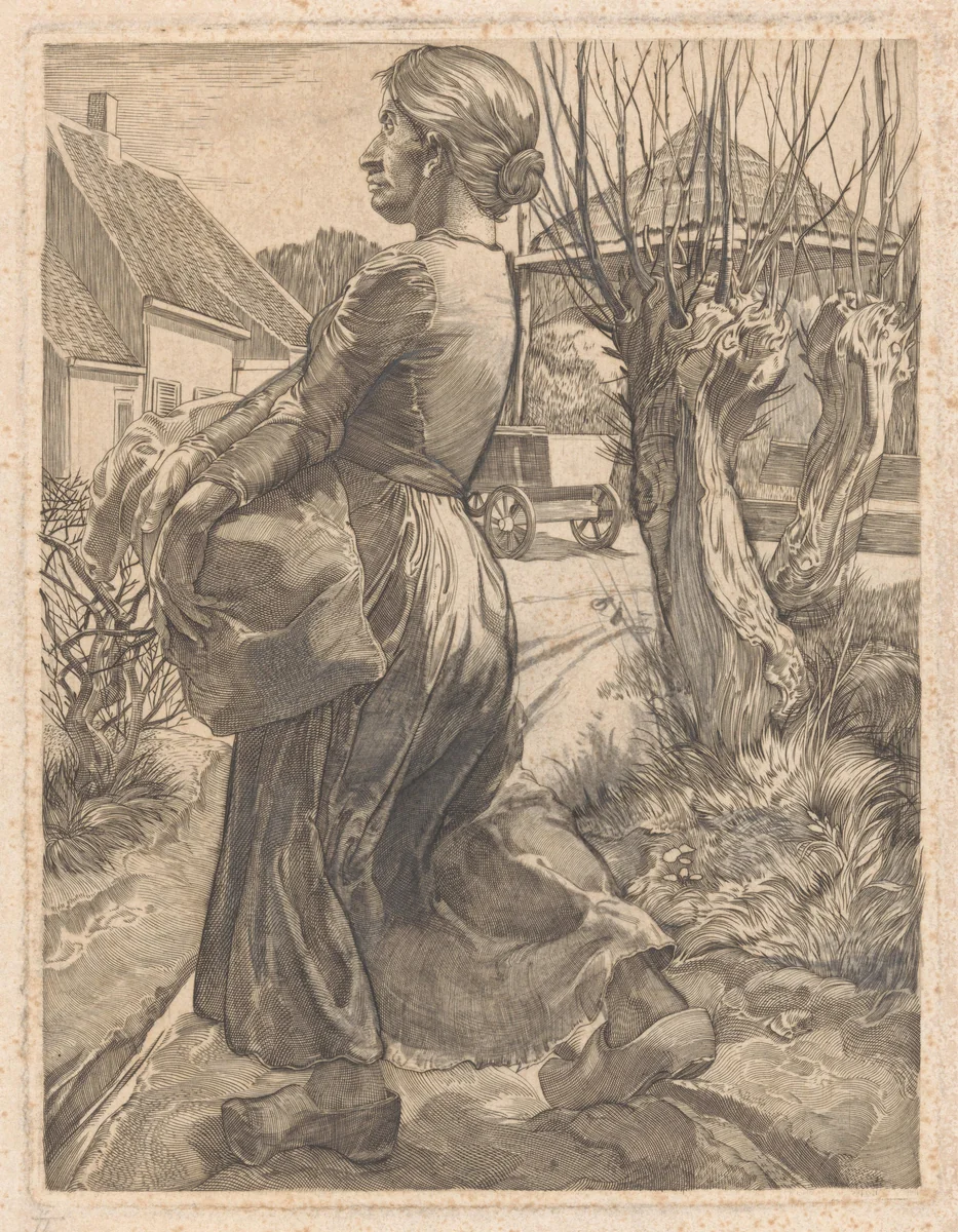 Boerin op klompen bij boerderij by Johannes Josephus Aarts, print, 1881-1934