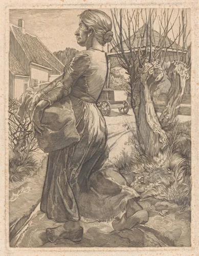 Boerin op klompen bij boerderij by Johannes Josephus Aarts, print, 1881-1934