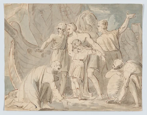 Historical subject with men and a boy near a ship (recto). Anatomical study of a foot (verso) by William Hamilton, drawing, 1770-1780