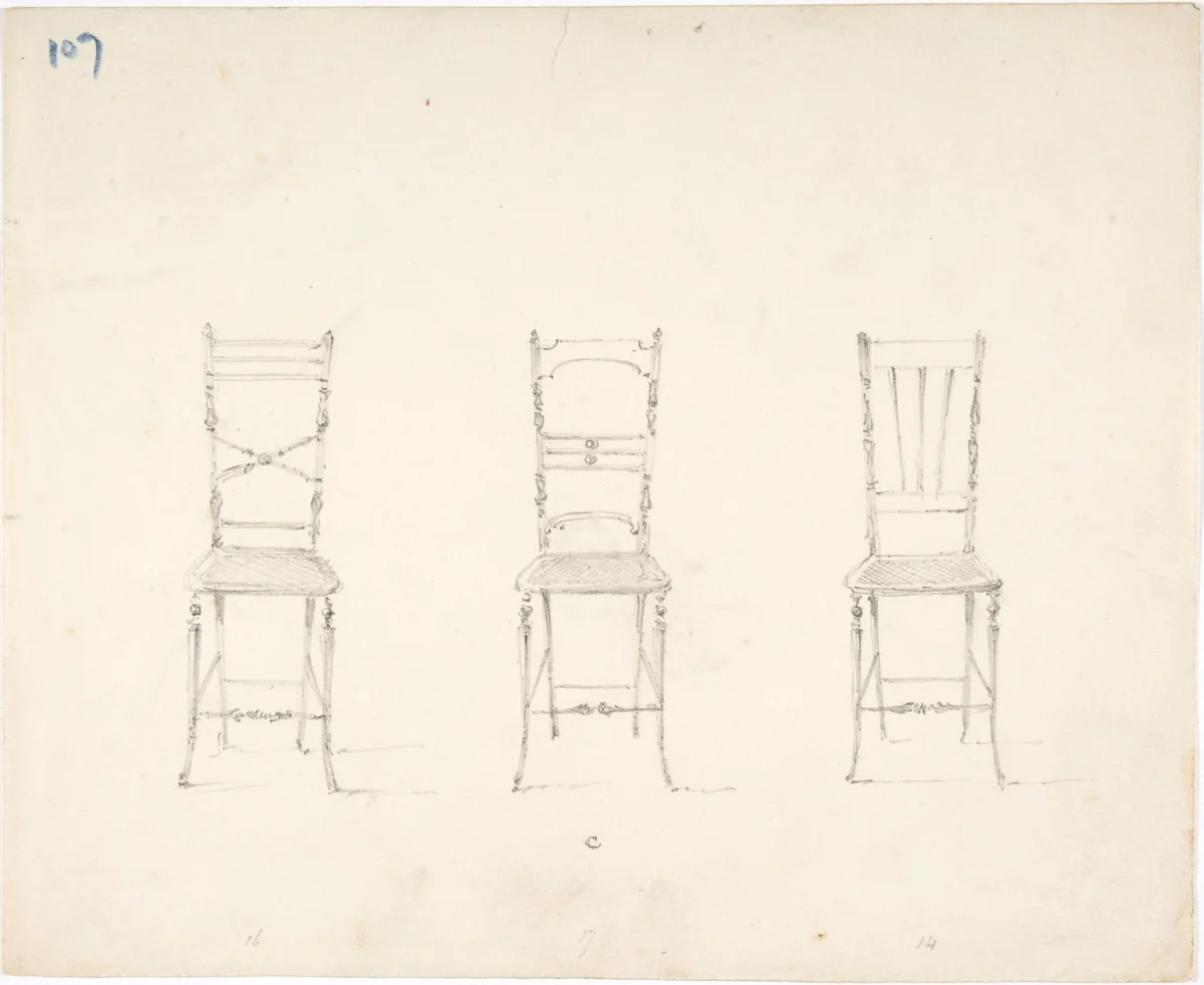 Design for Three Slender Chairs by anonymous, drawing, 1800-1850