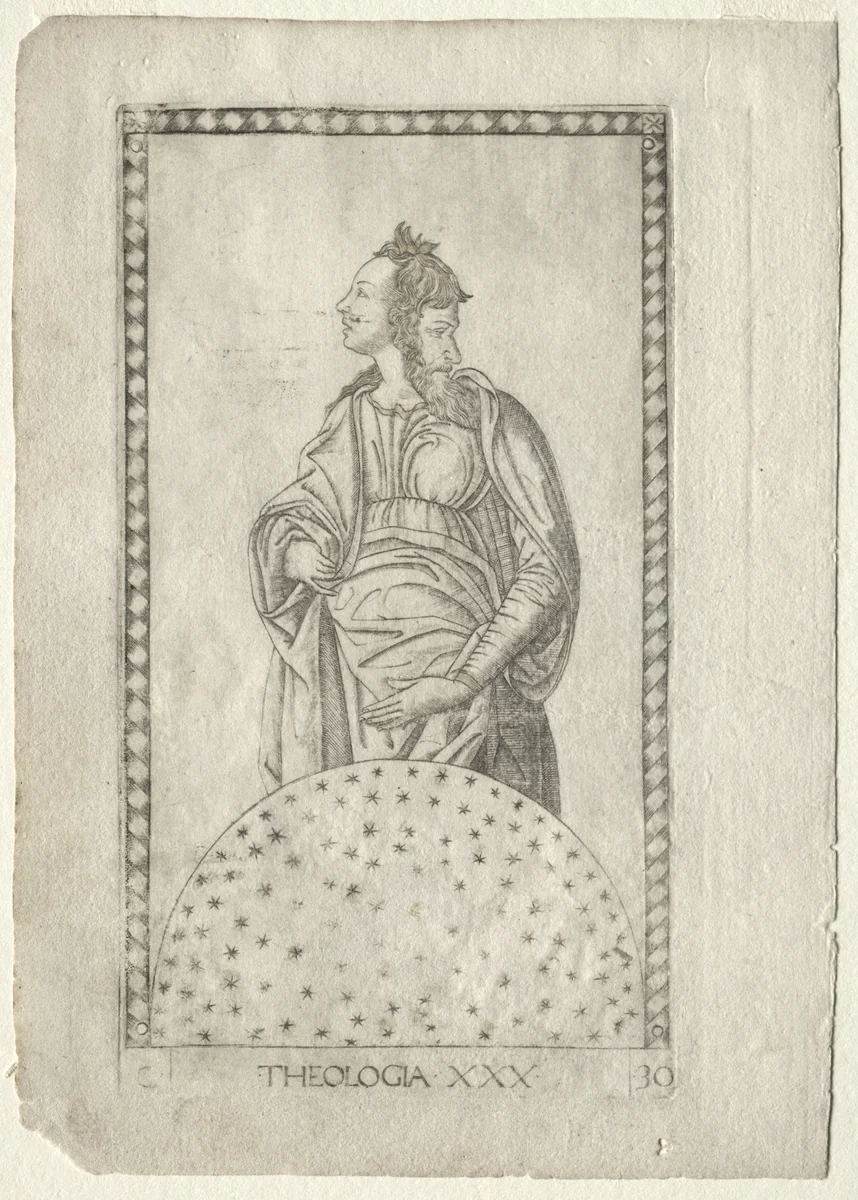 Theology (from the Tarocchi, series C: Liberal Arts, #30) by Master of the E-Series Tarocchi, print, 1457-1467