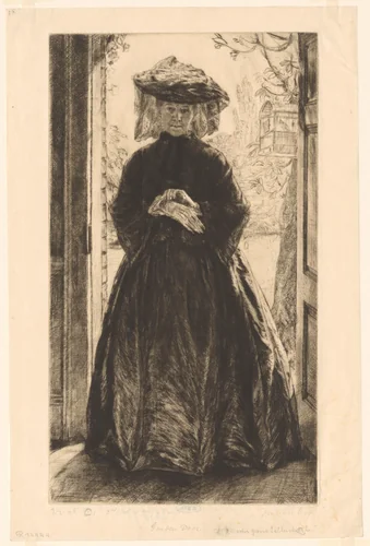 Portret van een onbekende vrouw in de deuropening naar een tuin by Francis Dodd, print, 1884-1936