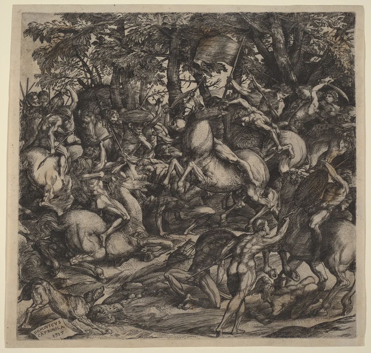 Battle of Nude Men by Domenico Campagnola, print, 1517