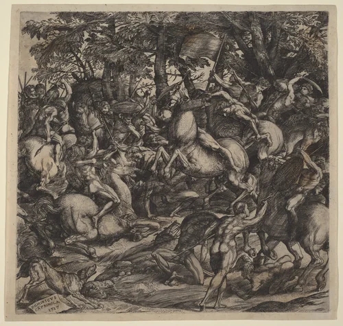 Battle of Nude Men by Domenico Campagnola, print, 1517