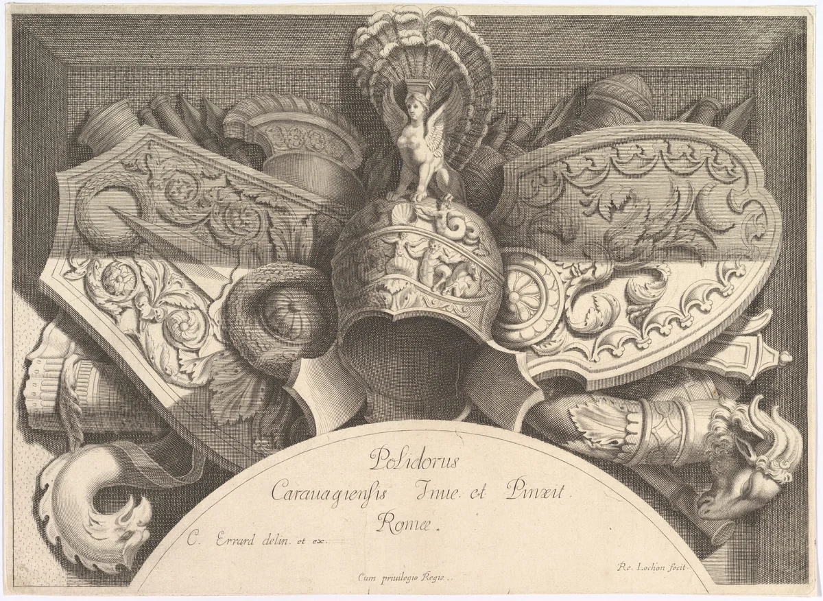 Plate from "Divers Trophées" (Weapon Trophies after the Façade of Palazzo Milesi in Rome) by Polidoro da Caravaggio, print, 1651