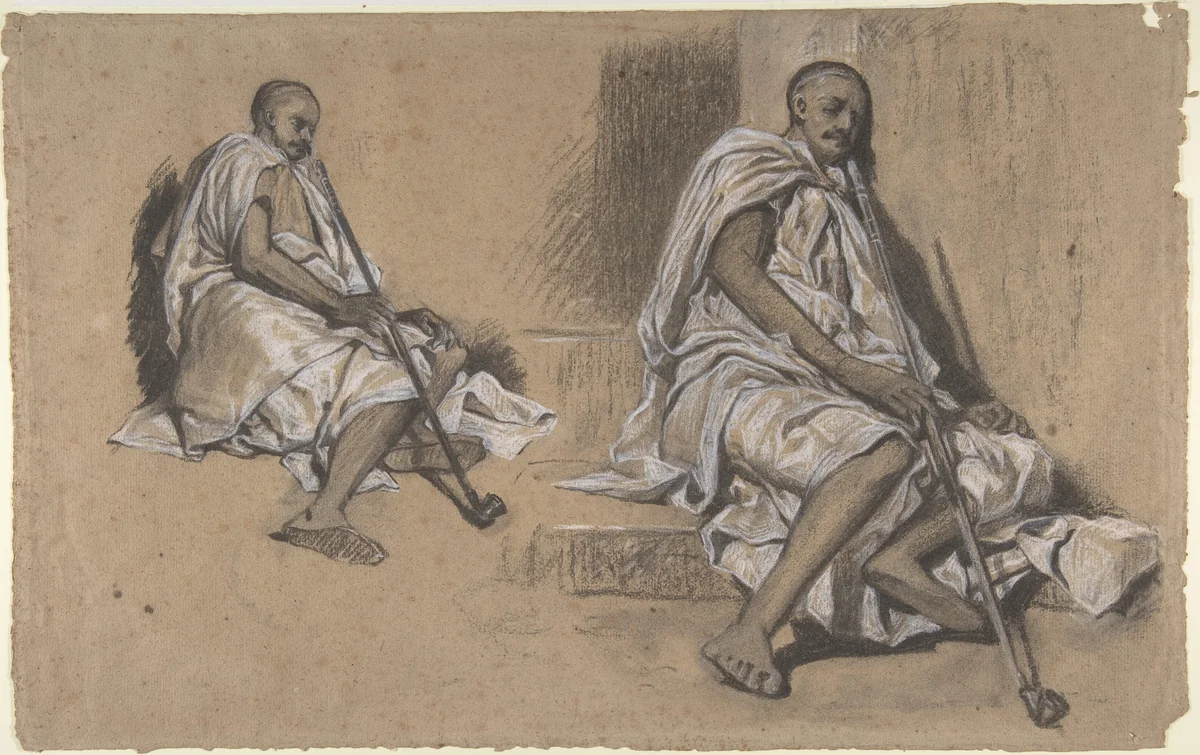 Two Studies of a Seated Arab with a Pipe by Alexandre-Gabriel Decamps, drawing, 1820-1860