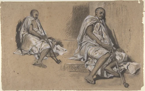 Two Studies of a Seated Arab with a Pipe by Alexandre-Gabriel Decamps, drawing, 1820-1860