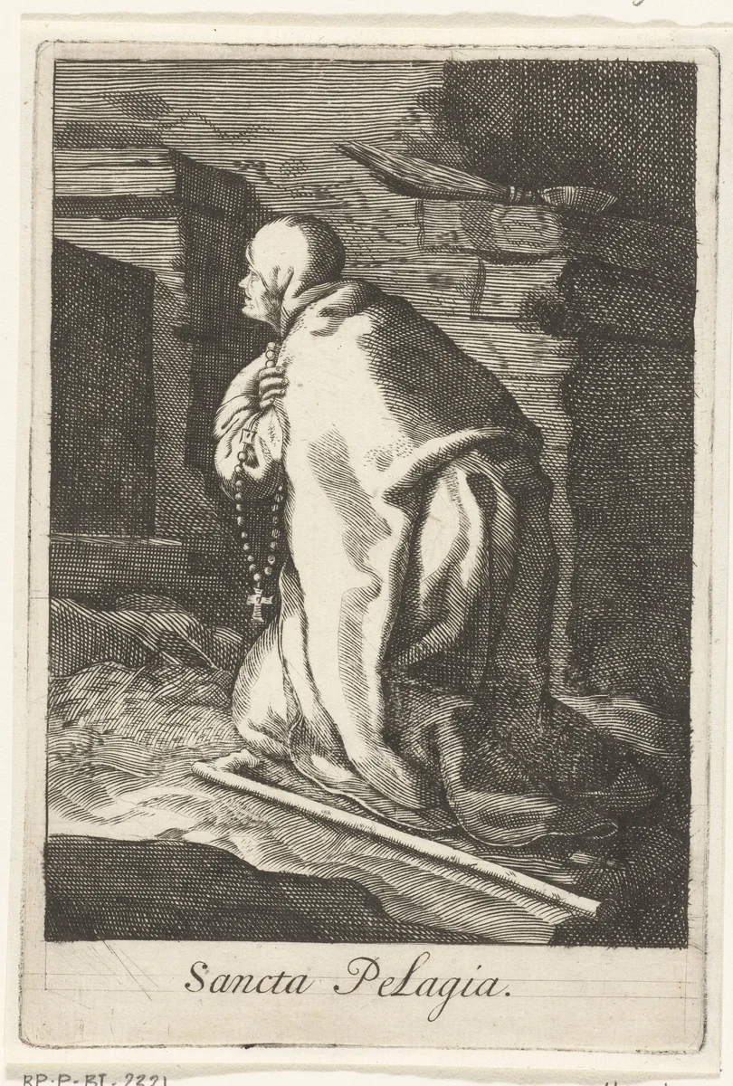Heilige Pelagia van Antiochië als kluizenares by anonymous, print, 1590-1662