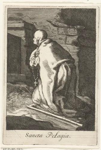 Heilige Pelagia van Antiochië als kluizenares by anonymous, print, 1590-1662