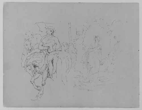 Man on Horseback with Standing Figure; Female in a Landscape (from Sketchbook) by Thomas Sully, artwork, 1810-1820