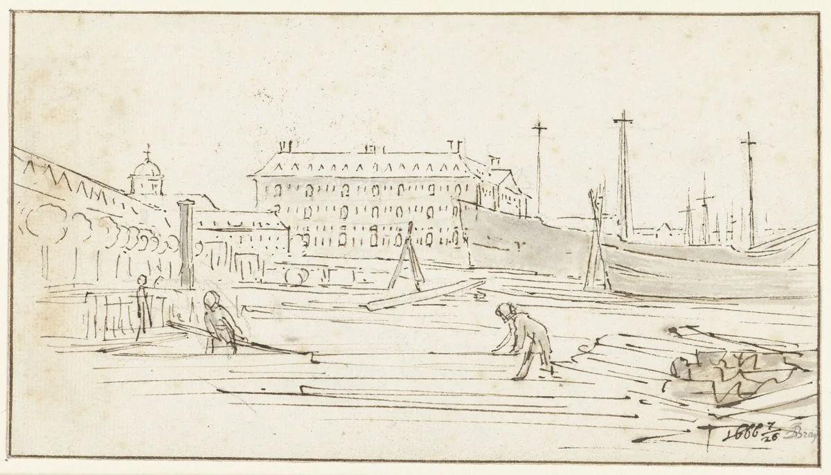 Gezicht op scheepswerf te Amsterdam by Jan de Bray, drawing, 1666