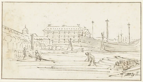 Gezicht op scheepswerf te Amsterdam by Jan de Bray, drawing, 1666