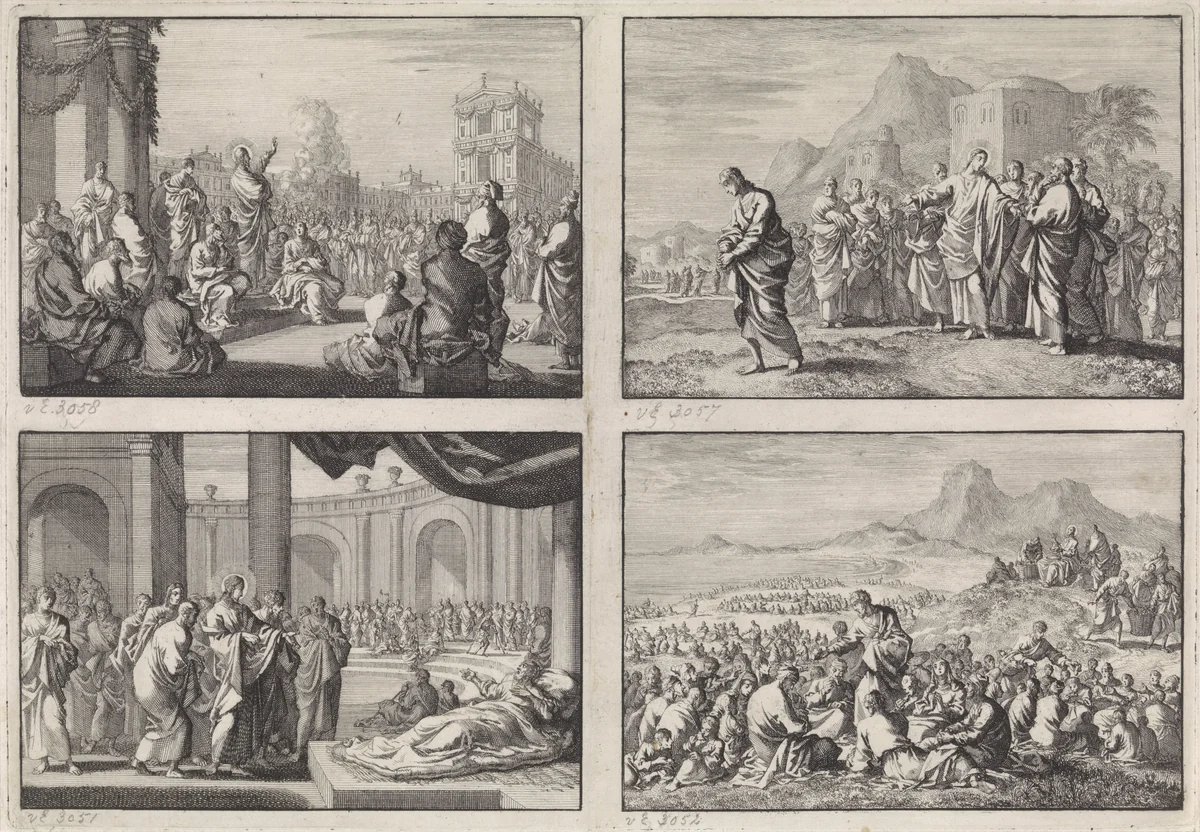 Vier voorstellingen uit het Nieuwe Testament by Jan Luyken, print, 1703