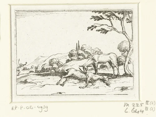 Een hert likt de wond van een ander hert by Jacques Callot, print, 1625-1629