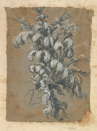 Design for a Lavish Headdress with Feathers on a Helmet by Baccio del Bianco, drawing, 1604-1656
