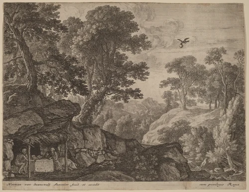 Saints Paul and Anthony by the Entrance to a Cave by Herman van Swanevelt, print, 1600-1655