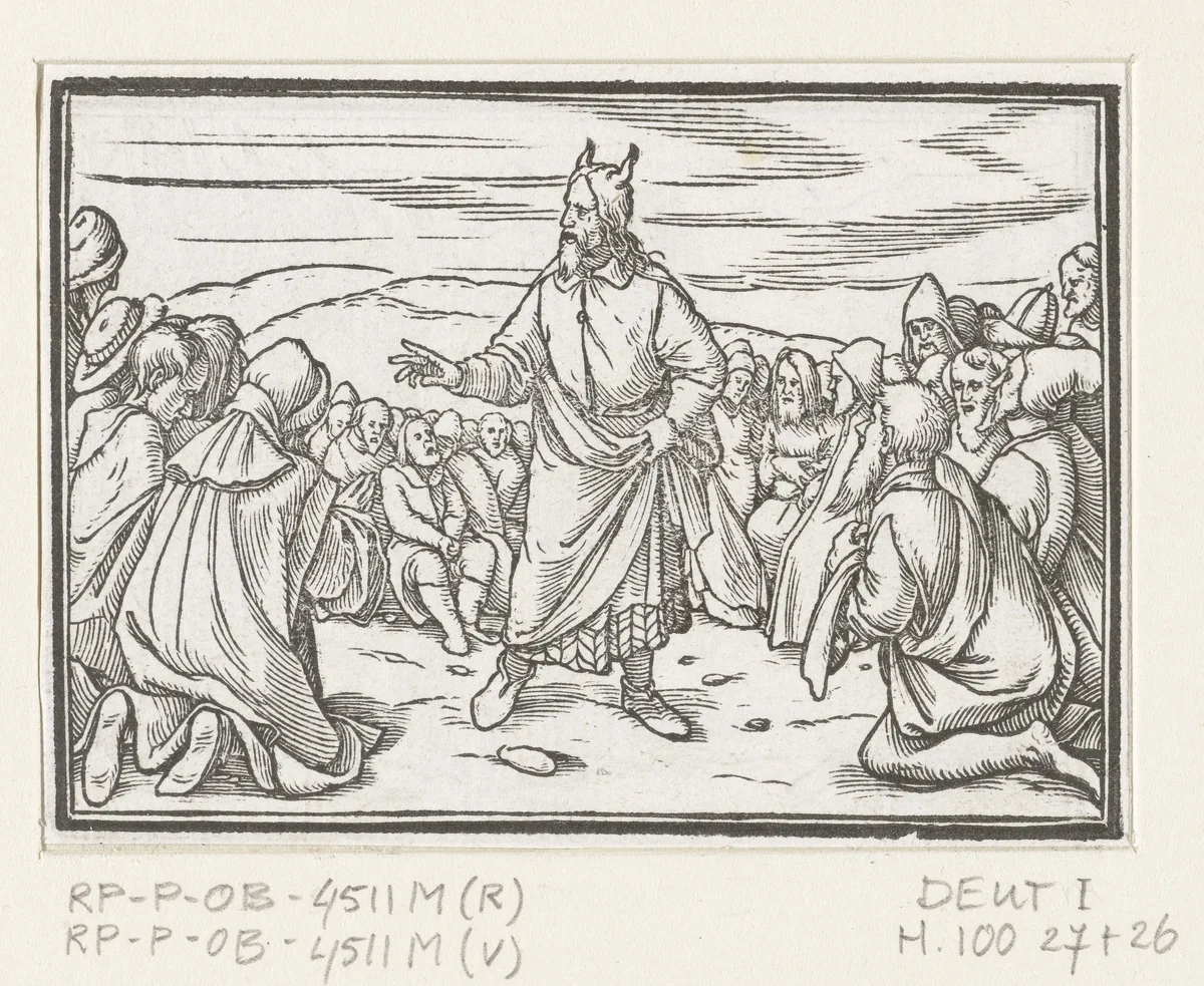 Mozes toespraak tot het volk van Israël by Hans Holbein, print, 1538