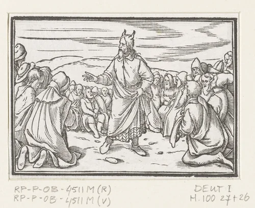Mozes toespraak tot het volk van Israël by Hans Holbein, print, 1538