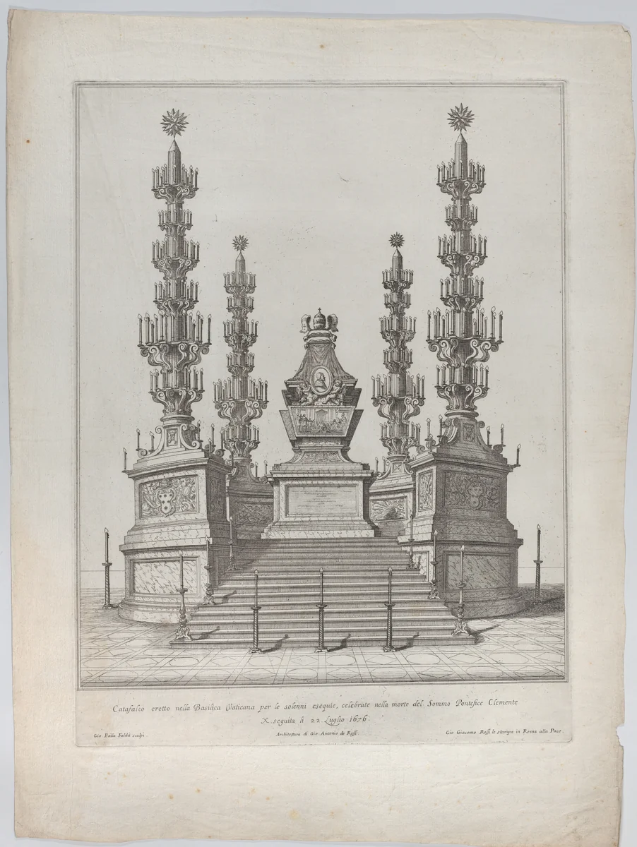 Catafalque for Pope Clement X: a central structure raised on a 15 stepped platform, with columns surmounted by elaborate candelabra at each corner by Giovanni Battista Falda, print, 1676