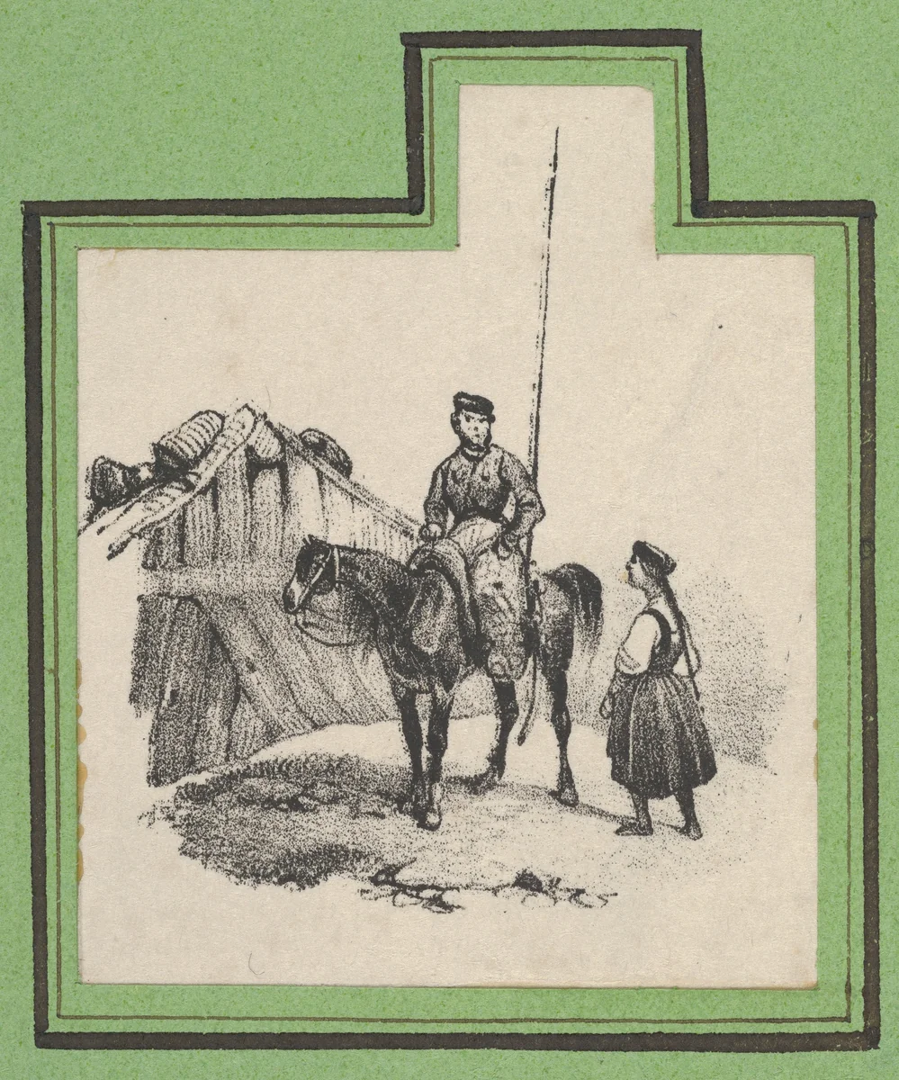 Soldier on a horse with a woman beside him by Victor Adam, print, 1820-1866