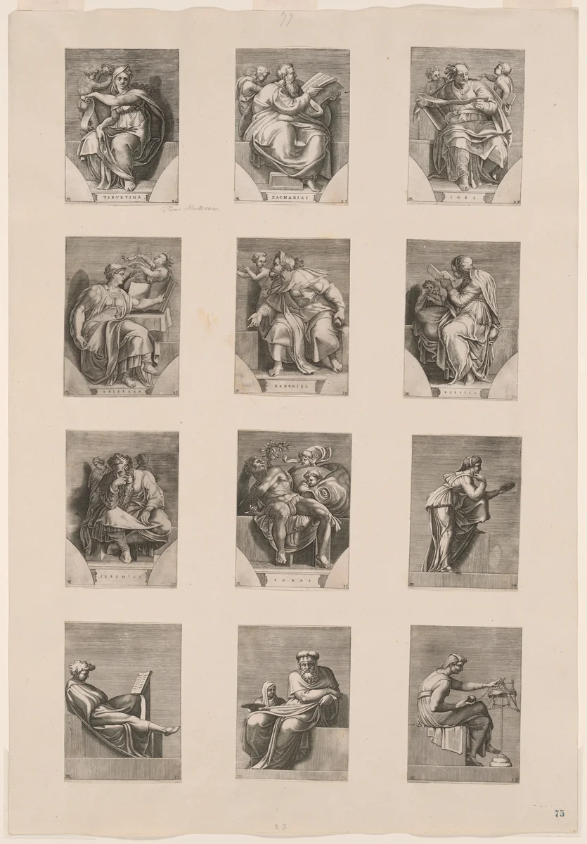 Figures from the Ceiling of the Sistine Chapel by Adamo Scultori, print, 1550-1565
